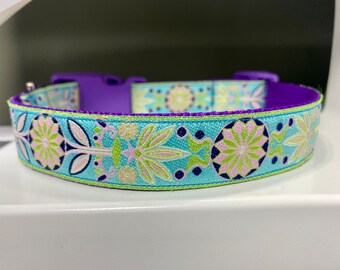 Pinwheel Zinnia - Turquoise - Purple - Lime - Dog Collar - 1" width