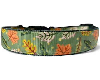 Leaves - Autumn - Fall - Green - Dog Collar - 1" or 3/4" Wide