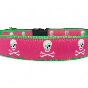 Pirate Skull and Crossbones Hot Pink Hot Green Dog Collar 3/4 Wide image 1