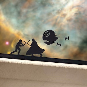 May include: Silhouette of a Star Wars scene featuring Darth Vader and another character dueling with lightsabers. The Death Star and two TIE fighters are also depicted against a colorful nebula background. The image is a graphic design.