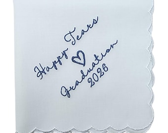 Happy Tears Graduation 2026 Embroidered Scalloped Handkerchief, Gifts for Grads