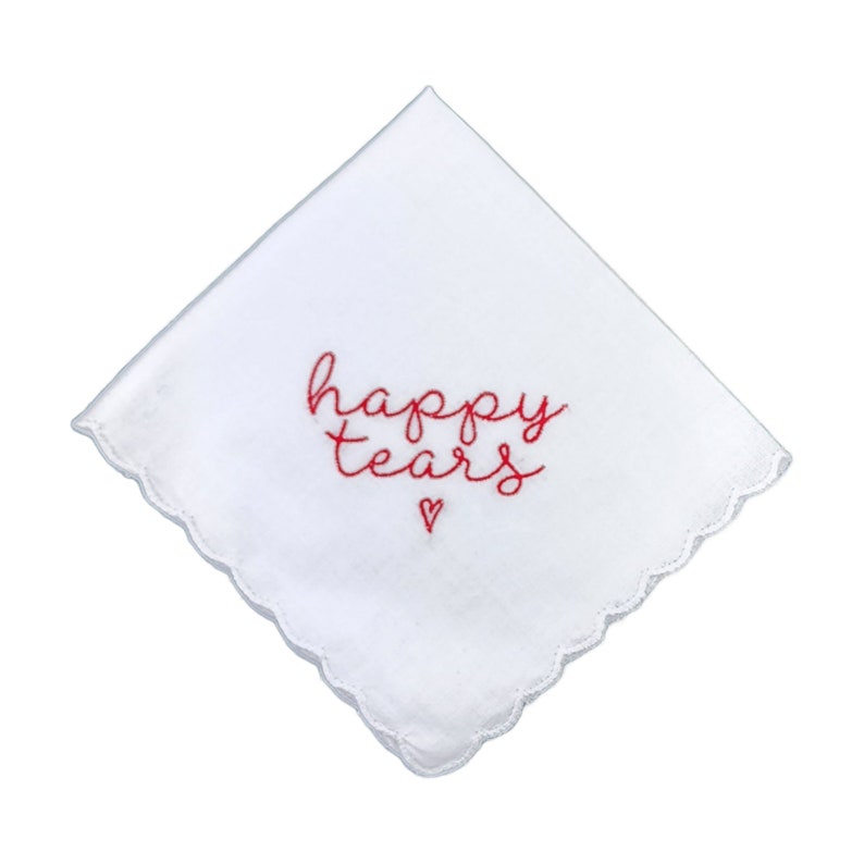 Embroidered Square Scalloped Edge Handkerchief, Happy Tears Red