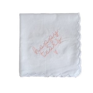 Embroidered Square Scalloped Edge Handkerchief, Happy Tears Pink