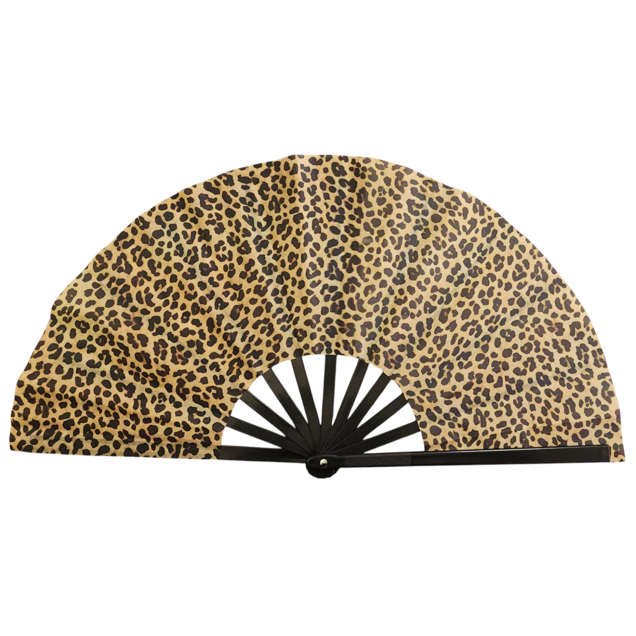 Leopard Print Hand Fan With Black Slab Base - Cloth Fan For Décor Or Cooling