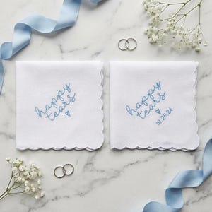 HAPPY TEARS Embroidered Scalloped Handkerchief, Custom Date Option