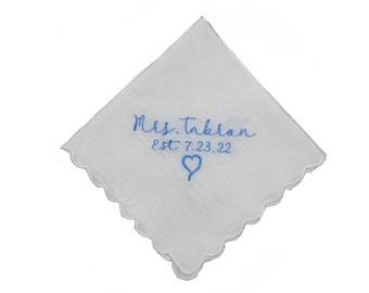 Personalized Embroidered Square Scalloped Edge Handkerchief, Mr. or Mrs. Last Name and Date