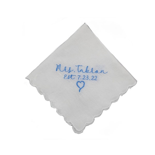 Personalized Embroidered Square Scalloped Edge Handkerchief, Mr. or Mrs. Last Name and Date