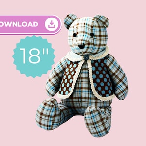 May include: An 18-inch teddy bear with a plaid pattern in shades of blue and brown. The bear wears a vest with blue polka dots and a white lace trim. The word "DOWNLOAD" is in a pink banner.