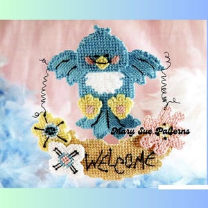 Welcome Blue Bird Sign Plastic Canvas PDF Digital Pattern - Easter, Spring, Door Hanger