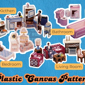 Juego de muebles para casa de muñecas, libro de patrones digitales en PDF sobre lienzo de plástico (inglés)