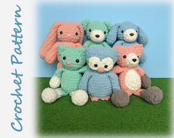 Bear, Bunny, Cat, Dog, Fox & Owl Crochet Pattern Bundle - teddy rabbit kitty puppy plush stuffie blanket yarn