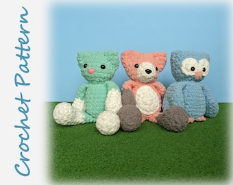 Cat Fox and Owl Crochet Pattern Bundle - kitty woodland plush stuffie blanket yarn