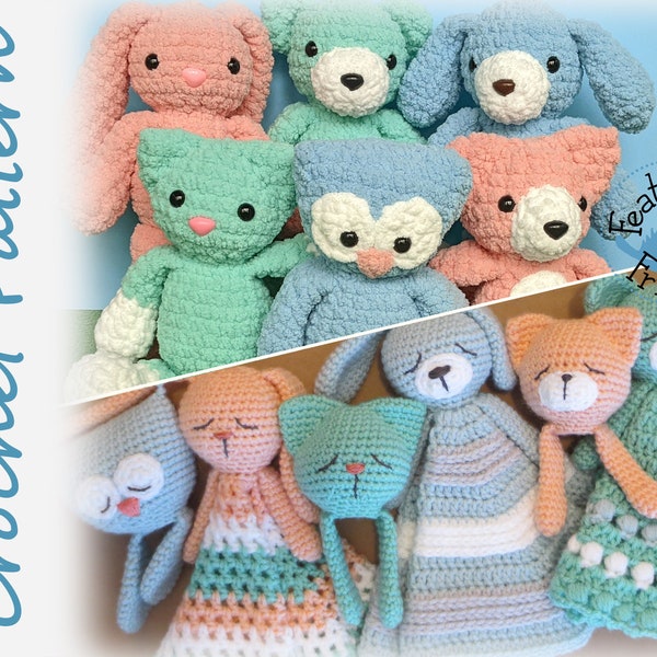 Cat Dog Fox Owl Bear Bunny Cuddle Buddy Lovey Crochet Pattern Bundle - kitty puppy teddy rabbit lovies stuffies