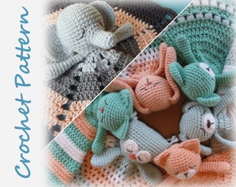 Cat Dog Fox Owl Bear Bunny Elephant Lovey Crochet Pattern Bundle - kitty puppy teddy rabbit lovies