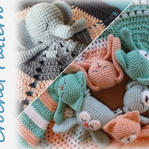 Cat Dog Fox Owl Bear Bunny Elephant Lovey Crochet Pattern Bundle - kitty puppy teddy rabbit lovies