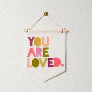 you are loved. -- MINI-SIZE wall hanging / banner // nursery banner, coral green purple nursery decor, love wall hanging banner, love you