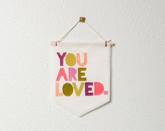 you are loved. -- MINI-SIZE wall hanging / banner // nursery banner, coral green purple nursery decor, love wall hanging banner, love you
