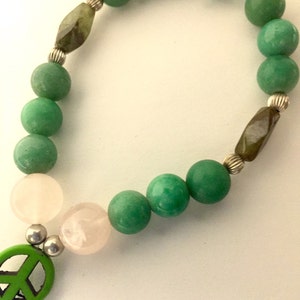 15%OFF Henan Jade，Jadeite accented Silver ball，Rose Quartz，Green Peace Sign Charm Prayer Bracelet