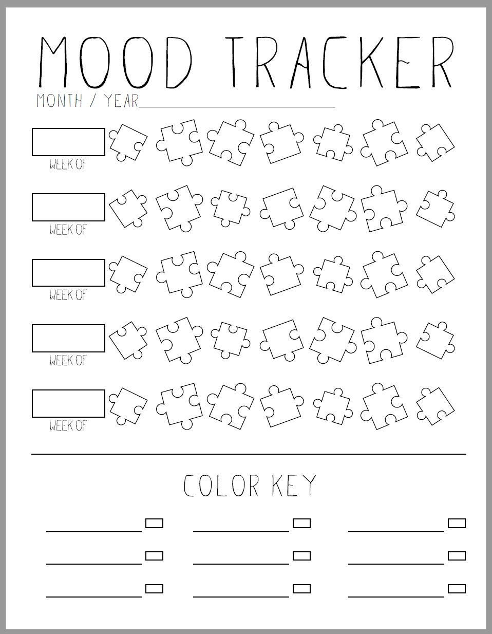 Puzzle Piece Weekly Mood Tracker Journal Printable PDF - Autism ...