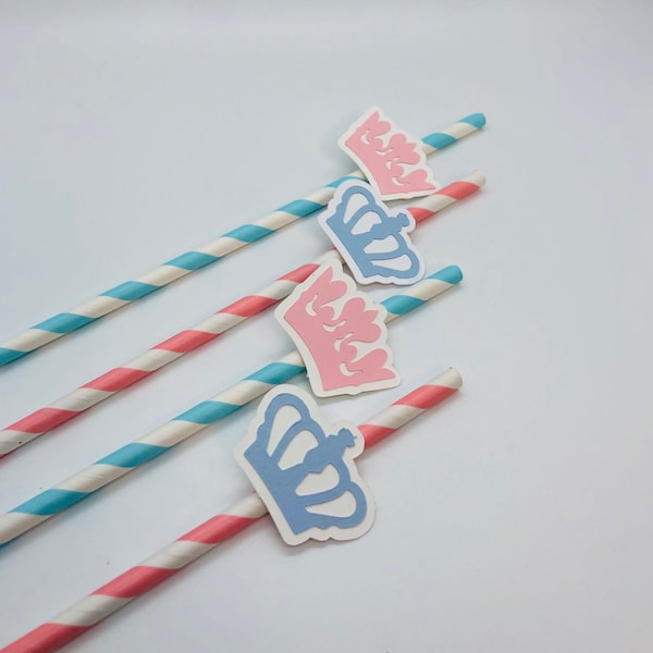 10 Gender Reveal Straws, Photo Prop, Baby Shower Crowns (954S)