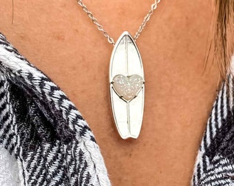 APRIL Birthstone Surfboard Necklace in QUARTZ CRYSTAL | Surf Jewelry