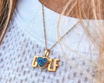 Golf Charm Necklace, Heart Shaped Crystal Pendant, Golf Gifts , Golf Jewelry, Golf-Themed Jewelry, Lettering Necklace, Golf Gifts for women