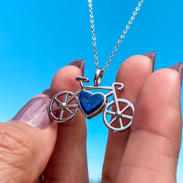 Bicycle Charm Necklace in Pearl, Lapis Lazuli, Adjustable chain, Silver and Gold Plated | Sport Jewelry gift for cyclist & triathlete