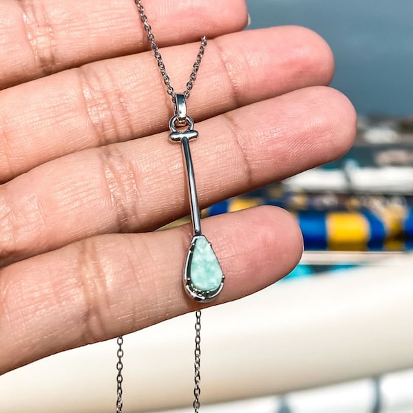 Paddle Charm Necklace in Amazonite, Hawaiian Outrigger Canoe Paddle, Adjustable necklace chain, paddling jewelry