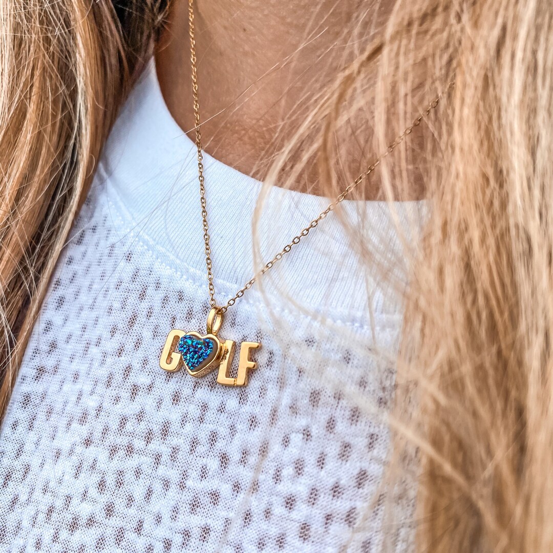 Golf Charm Necklace, Heart Shaped Crystal Pendant, Golf Gifts , Golf Jewelry, Golfthemed