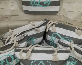 Set of 7 Monogrammed Beach Totes- Grey and Mint Tote, Custom Bag, Bridesmaid Gifts, Bridal Party Gifts, Striped Tote