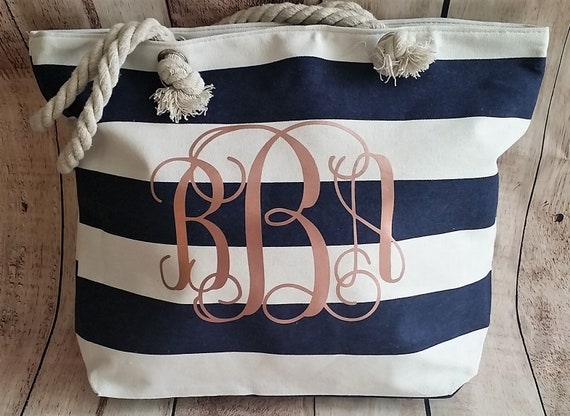 rose gold monogrammed beach bag navy and rose gold bag etsy