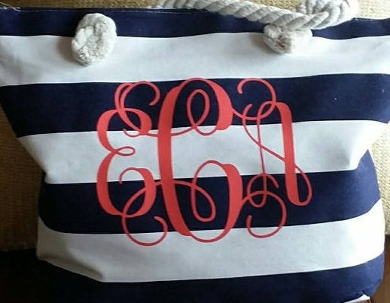 Bridal Tote Monogram Beach Tote Monogrammed Beach Bag Bridesmaid Gift Sorority Gift Bridal Gift Navy and Coral Wedding