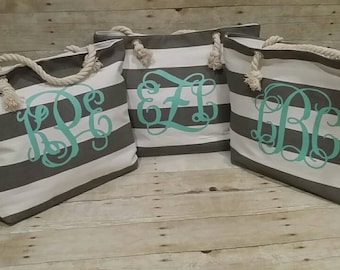 Set of 8 Monogrammed Beach Totes, Grey and Mint Tote, Grey Beach Bag, Bridesmaid Gifts, Bridal Party Gifts, Striped Tote, Beach Bag