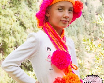 CROCHET PATTERN Chevron Beret and Giant Pom-Pom Scarf for Girls