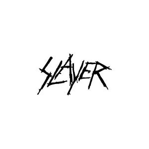 May include: Black text on a white background spells out the word "SLAYER" in a jagged, stylized font. The letters appear to be hand-drawn with sharp, angular lines, giving a bold and aggressive aesthetic.