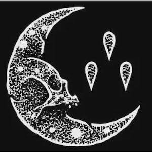 May include: A black and white illustration of a crescent moon with a skull inside. Three teardrop shapes are above the moon.