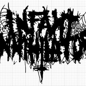 May include: Black and white graphic design with the text "INFANT ANNIHILATOR" in a stylized, gothic font. The design features a spiderweb and other abstract shapes.