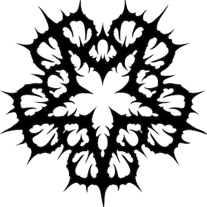 May include: A symmetrical black and white graphic design featuring a floral-like pattern. The design has a central five-petal shape, surrounded by intricate, spiky, and leaf-like elements. The overall aesthetic is bold and striking.
