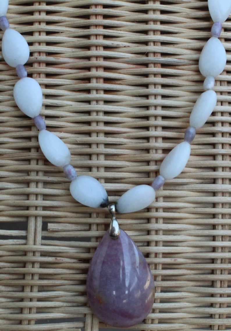 Crystal, white agate, purple lilac, unique, one of a kind, beautiful, pink, handmade, natural, gemstone rock Agate and Lavender Necklace