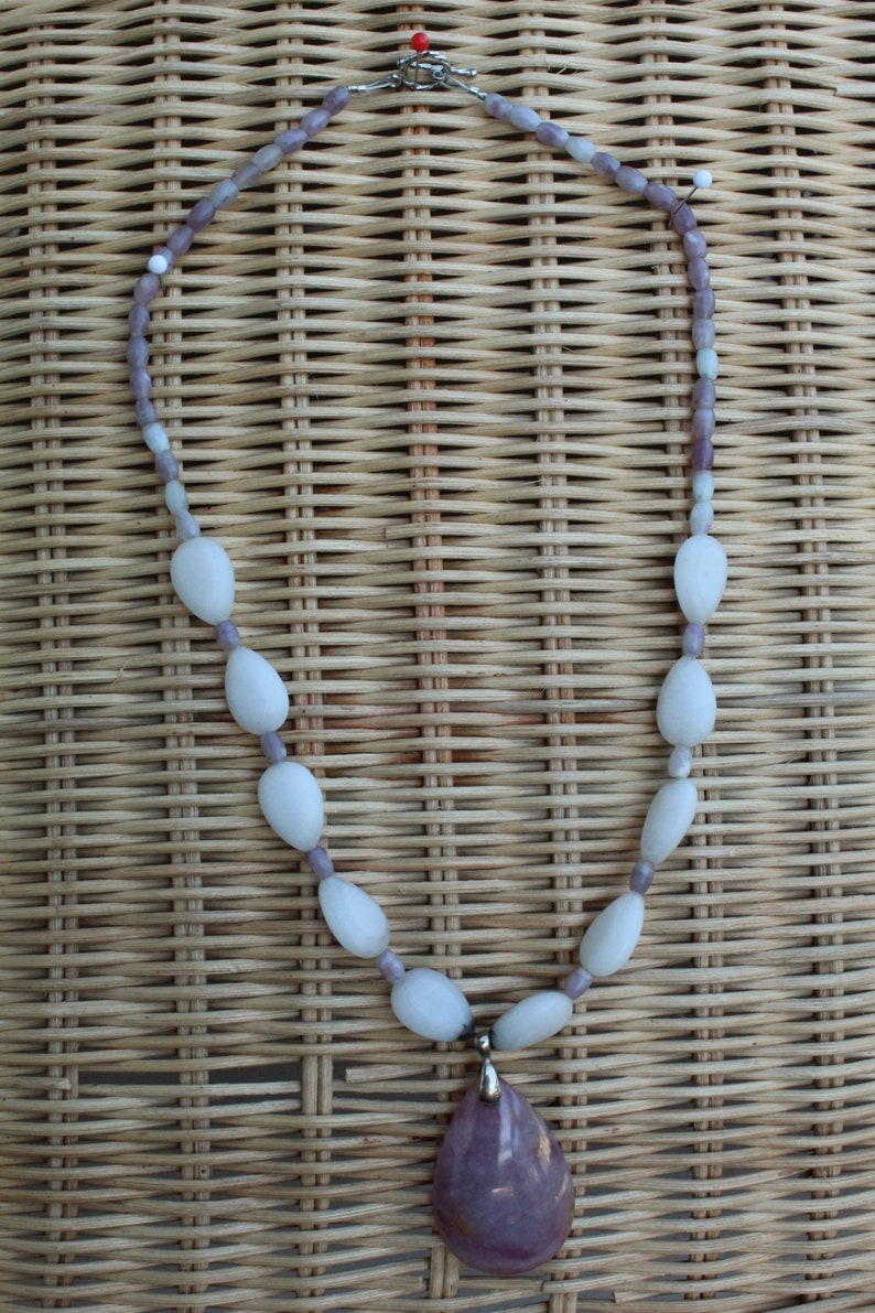 Crystal, white agate, purple lilac, unique, one of a kind, beautiful, pink, handmade, natural, gemstone rock Agate and Lavender Necklace