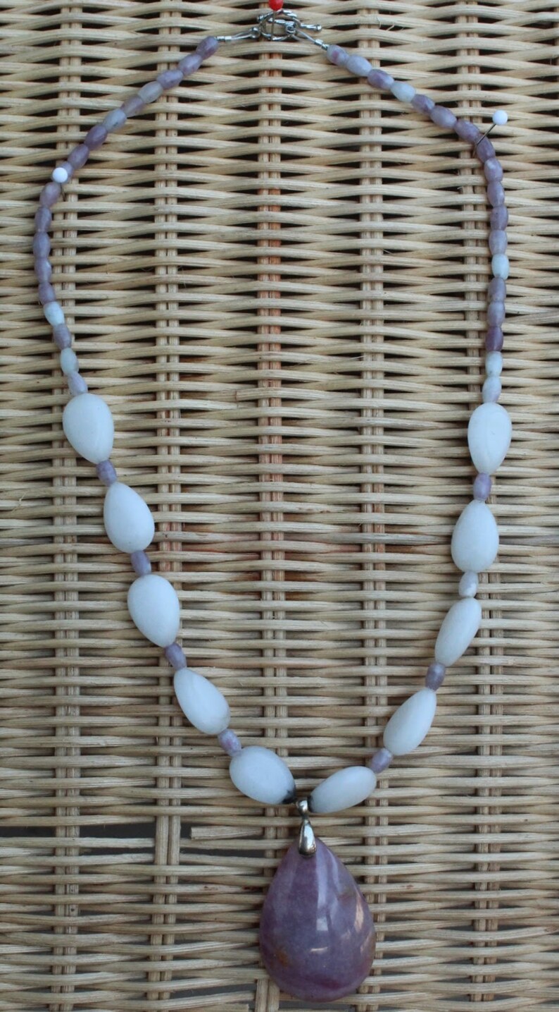 Crystal, white agate, purple lilac, unique, one of a kind, beautiful, pink, handmade, natural, gemstone rock Agate and Lavender Necklace