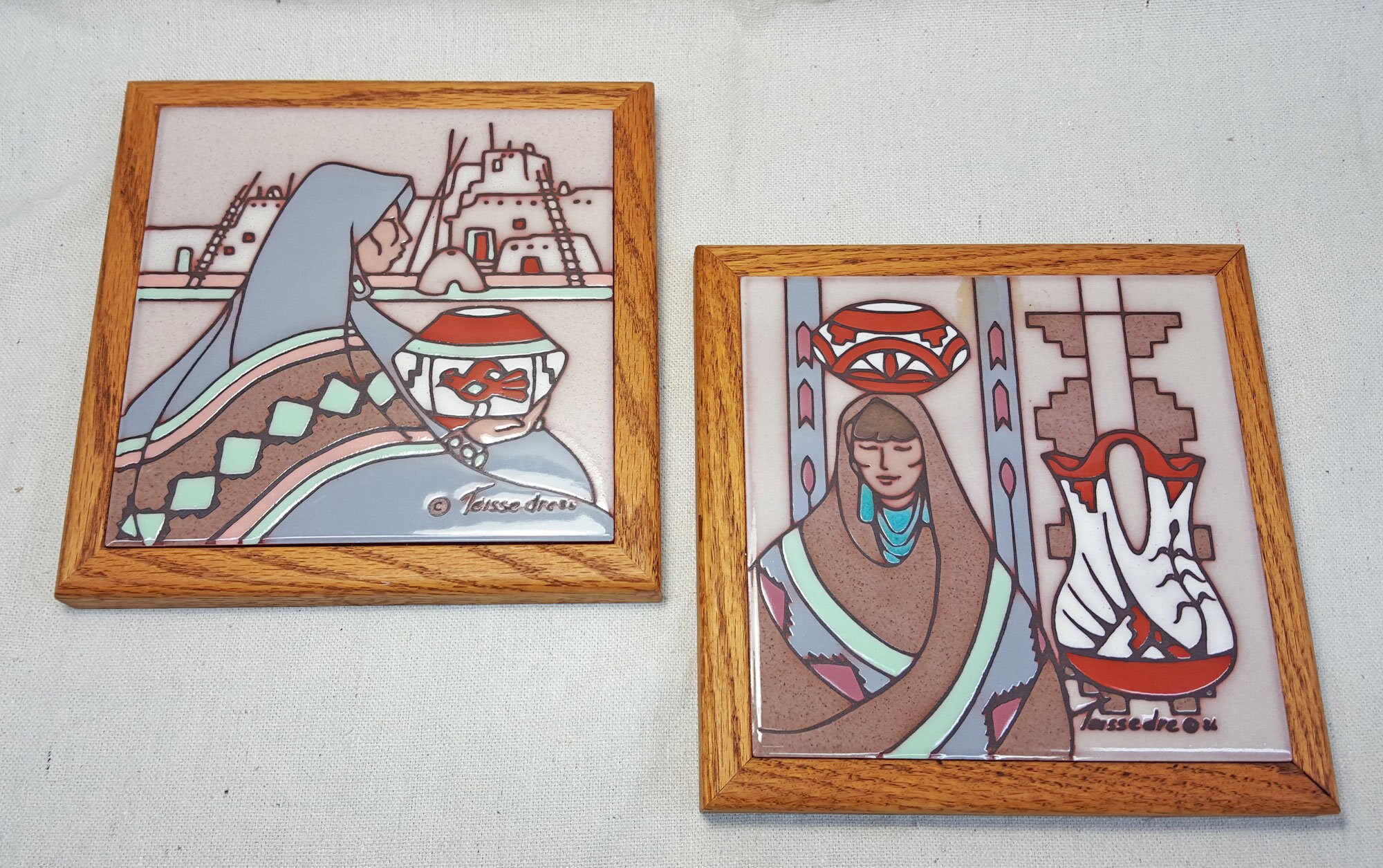 Set of 2 Cleo Teissedre Hand Painted Ceramic Tiles Framed in | Etsy