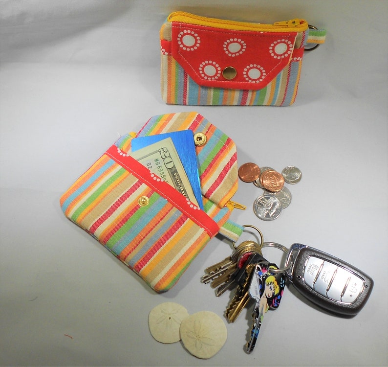 stroller Sunny Denim Stripe Key Chain Coin Purse backpack Attach to purse Snap Card Pocket Minimalist 5 x 3-12 Made in USA