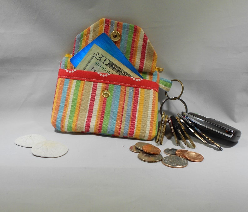 stroller Sunny Denim Stripe Key Chain Coin Purse backpack Attach to purse Snap Card Pocket Minimalist 5 x 3-12 Made in USA