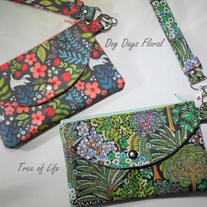 Bolso de pulsera de tela floral Tree of Life o Dog Days, 4-1/2" x 7" con cremallera superior y bolsillo frontal a presión, hecho en EE. UU.