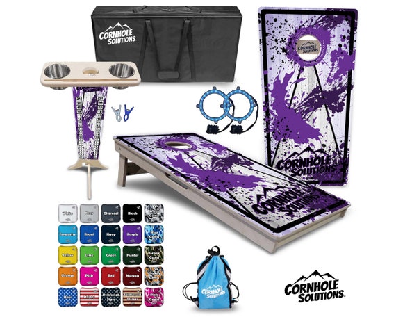 Tournament Cornhole Bundle Options - Purple Splatter - 2'x4' Regulation Set - 3/4″ Baltic Birch +ScoreBrace +UV Direct Print +UV Clear Coat