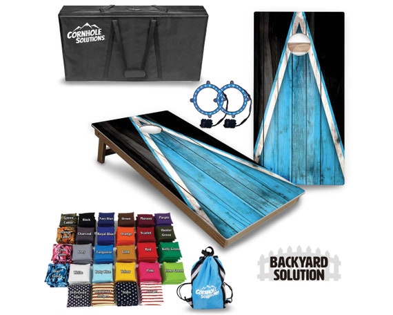 Backyard Cornhole Bundle Options - Sky Blue & Black Triangle - 2'x4' Regulation Set + UV Direct Print + UV Clear Coat