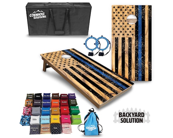 Backyard Cornhole Bundle Options - Light Wood Blue Line Flag - 2'x4' Regulation Set + UV Direct Print + UV Clear Coat