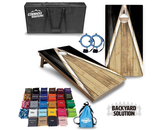 Backyard Cornhole Bundle Options - Beige & Black Triangle - 2'x4' Regulation Set + UV Direct Print + UV Clear Coat