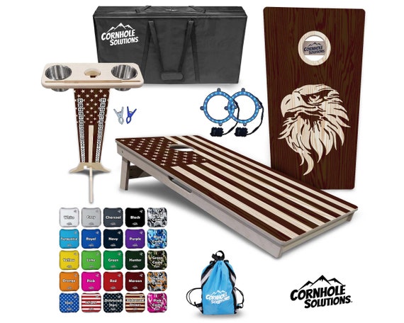 Tournament Cornhole Bundle Options - Stained Eagle & Flag - 2'x4' Regulation - 3/4″ Baltic Birch +ScoreBrace +UV Direct Print +UV Clear Coat